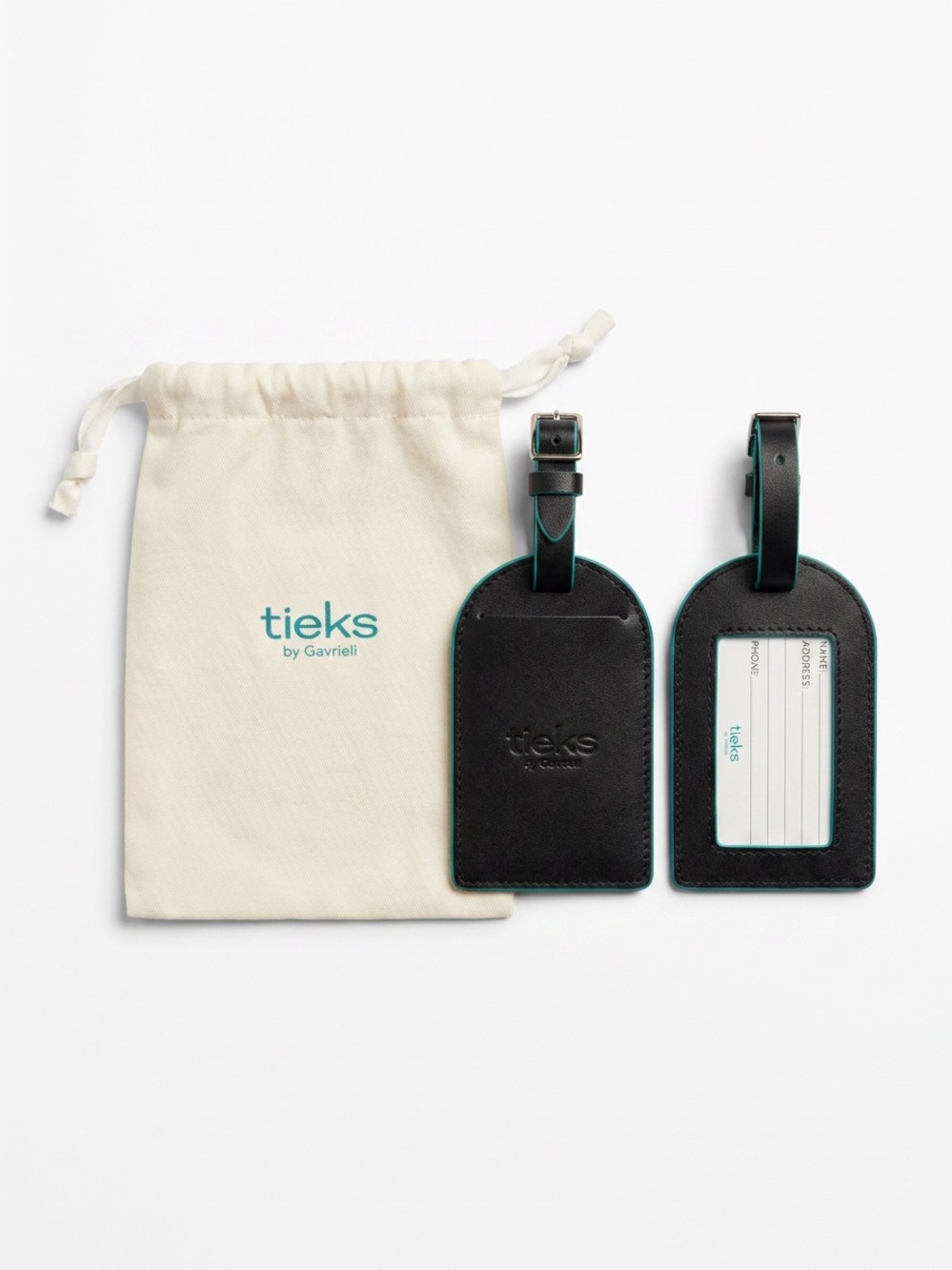 Tieks LE Leather Luggage Tag in Black with Teal Edge